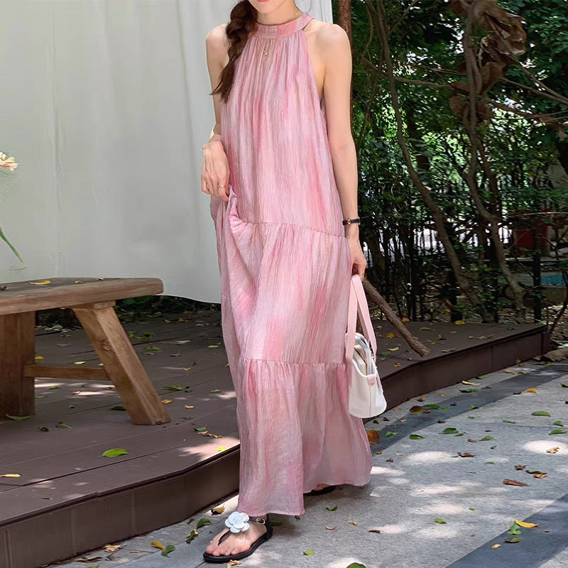 Romantic Gradient Pink Halter Neck Dress