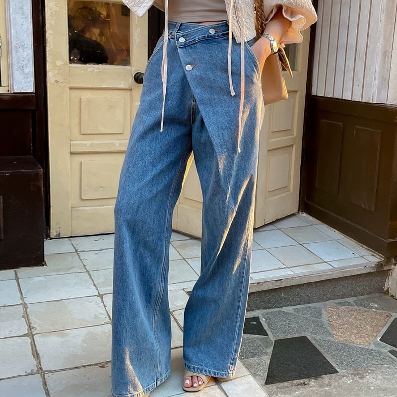 Asymmetric Wrap-Waist Wide-Leg Jeans