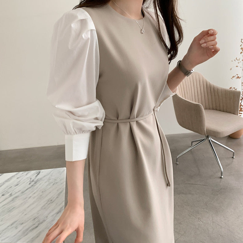 Mock Two-Piece Shirt Sleeve Belted Dress