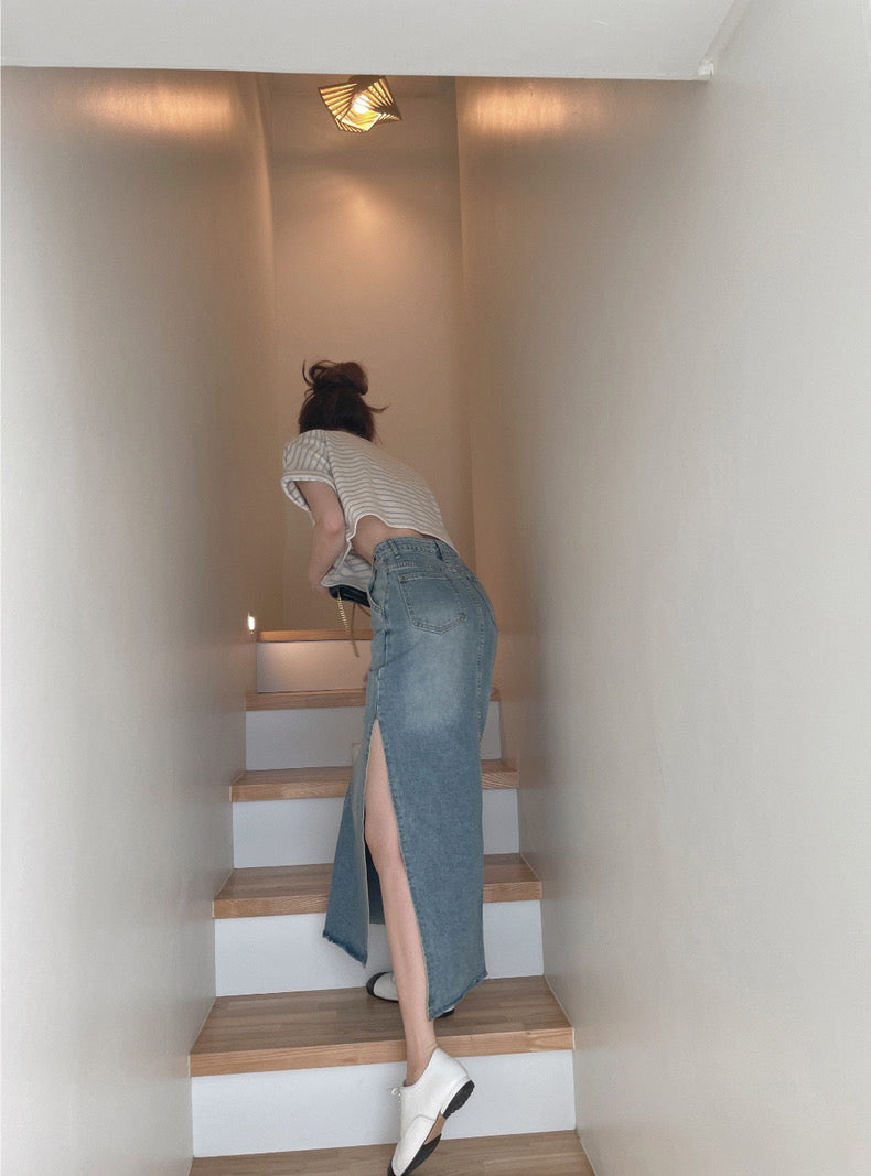 High-Waisted Maxi Denim Skirt with Side Slit