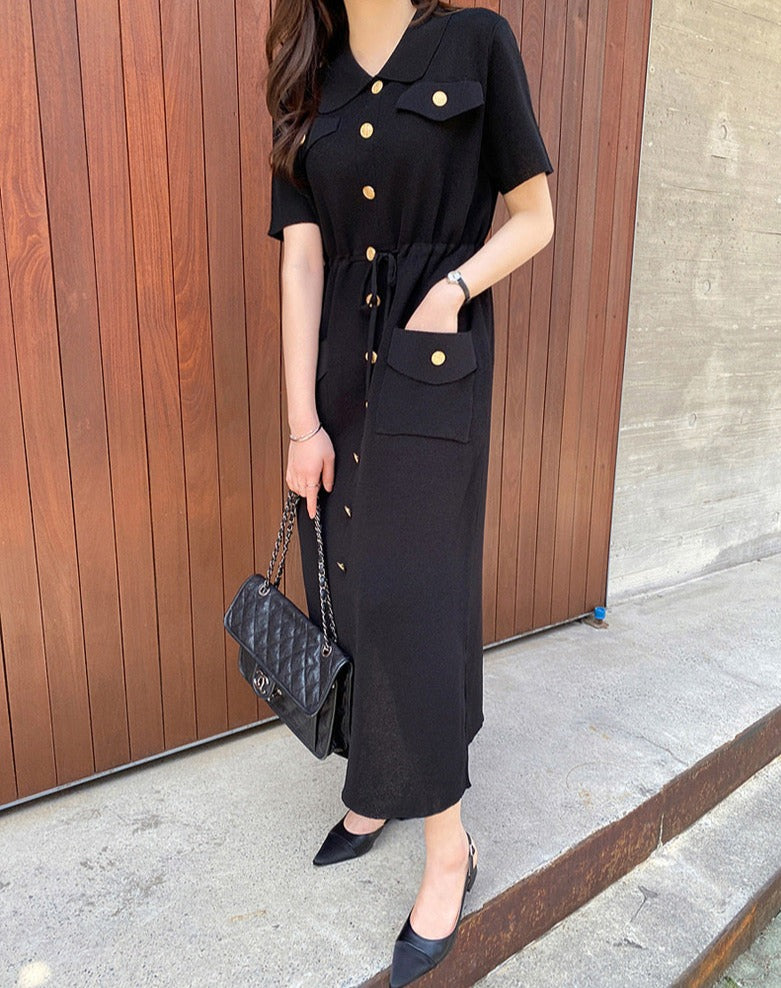 Drawstring Waist Knit Polo Dress with Gold Buttons