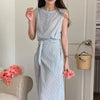 Korean Style Striped Sleeveless Belted Shirt Dress