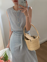 Korean Style Striped Sleeveless Belted Shirt Dress