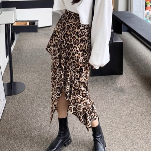 Leopard Asymmetrical Side Slit Skirt