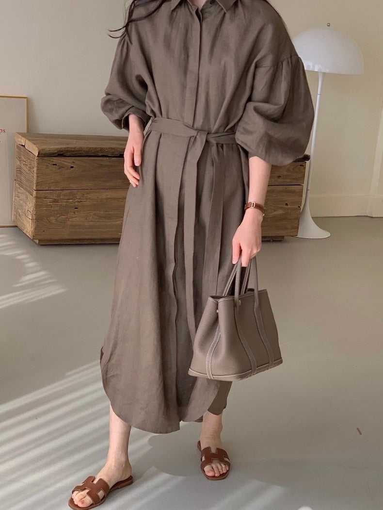 Minimalist Belted Linen Shirt Dress