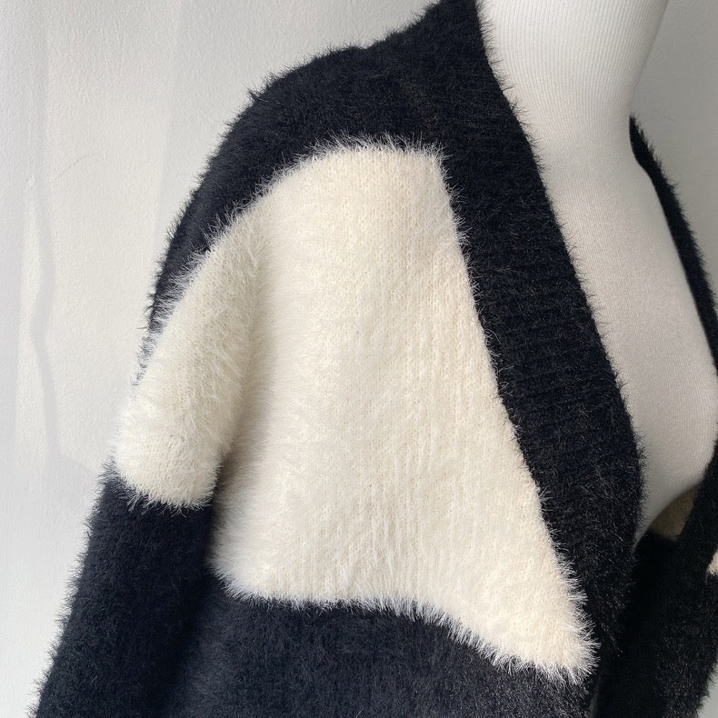 Black & White Faux Mink Cashmere Open Cardigan