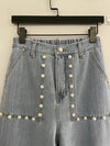 Straight Leg Denim Jeans with Frayed Edges and Pearly Studs