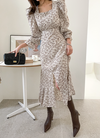 Long Sleeve Square Neck Floral Fishtail Dress