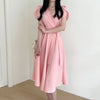 V-Neck Puffed Sleeve Short Sleeve Belted Dress