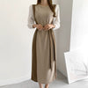 Color Contrast Spliced Sleeve Belted Knit Dress