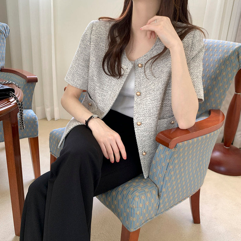 Classic Round Neck Tweed Short Sleeve Jacket