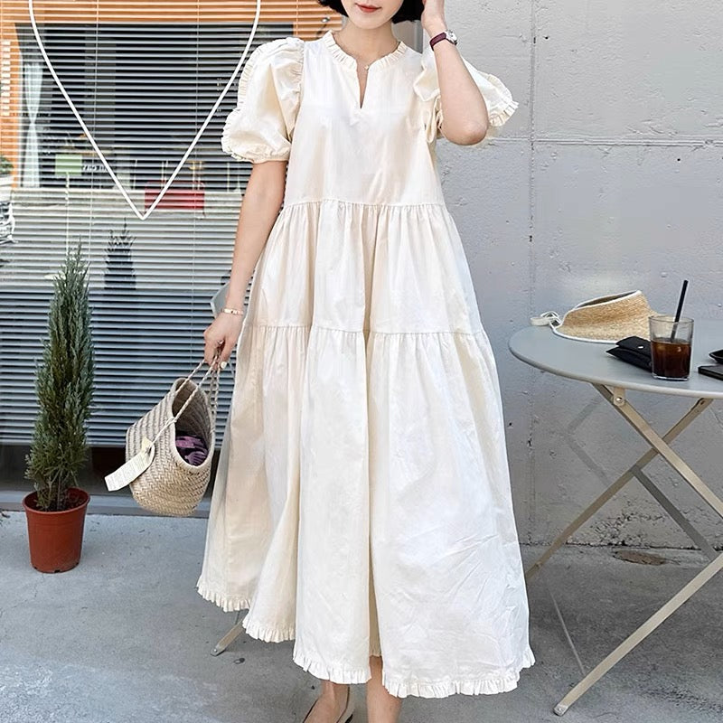 Relaxed Tiered Dress with Puffed Short Sleeves and Ruffled Details