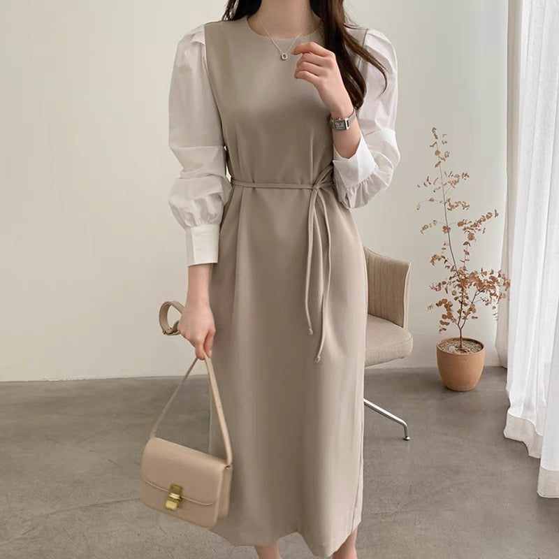 Mock Two-Piece Shirt Sleeve Belted Dress