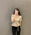 Double Breasted Square Neck Belted Blouse