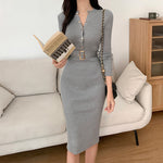 Elegant Ribbed Knit Belted Midi Dress