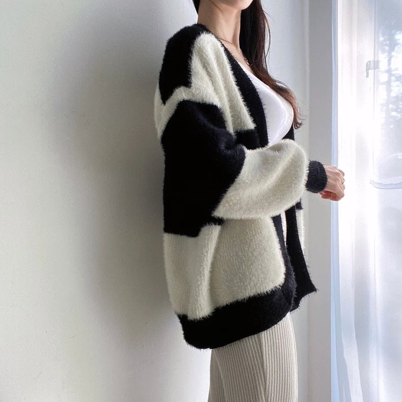 Black & White Faux Mink Cashmere Open Cardigan