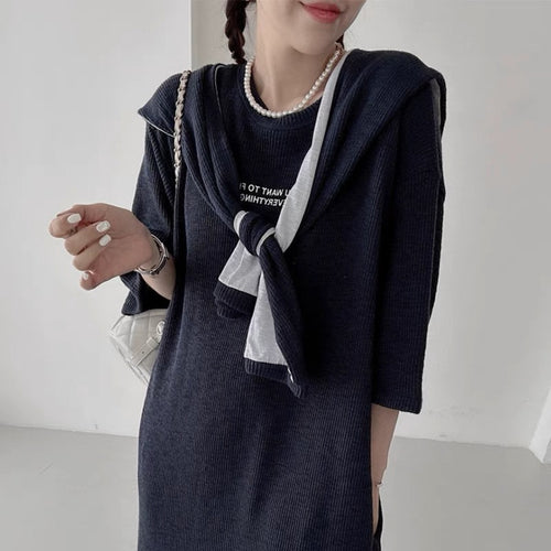 Korean Style Lettered Knit Dress with Cape