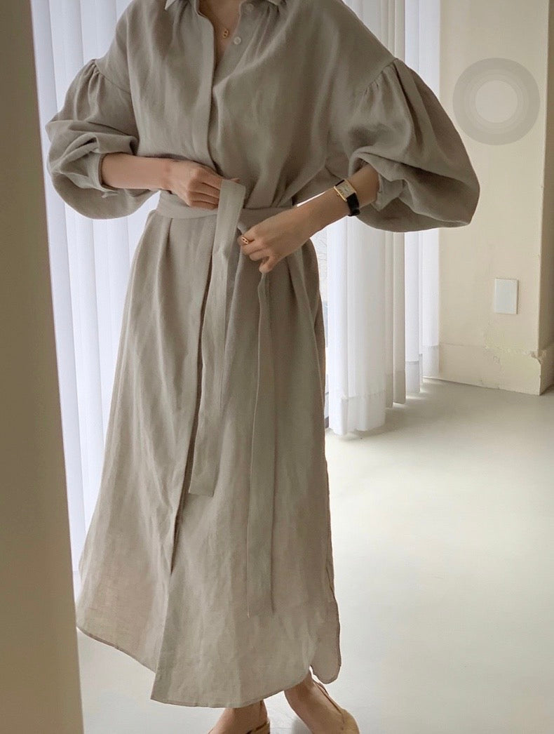 Minimalist Belted Linen Shirt Dress