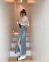 High-Waisted Maxi Denim Skirt with Side Slit