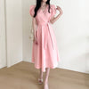 V-Neck Puffed Sleeve Short Sleeve Belted Dress