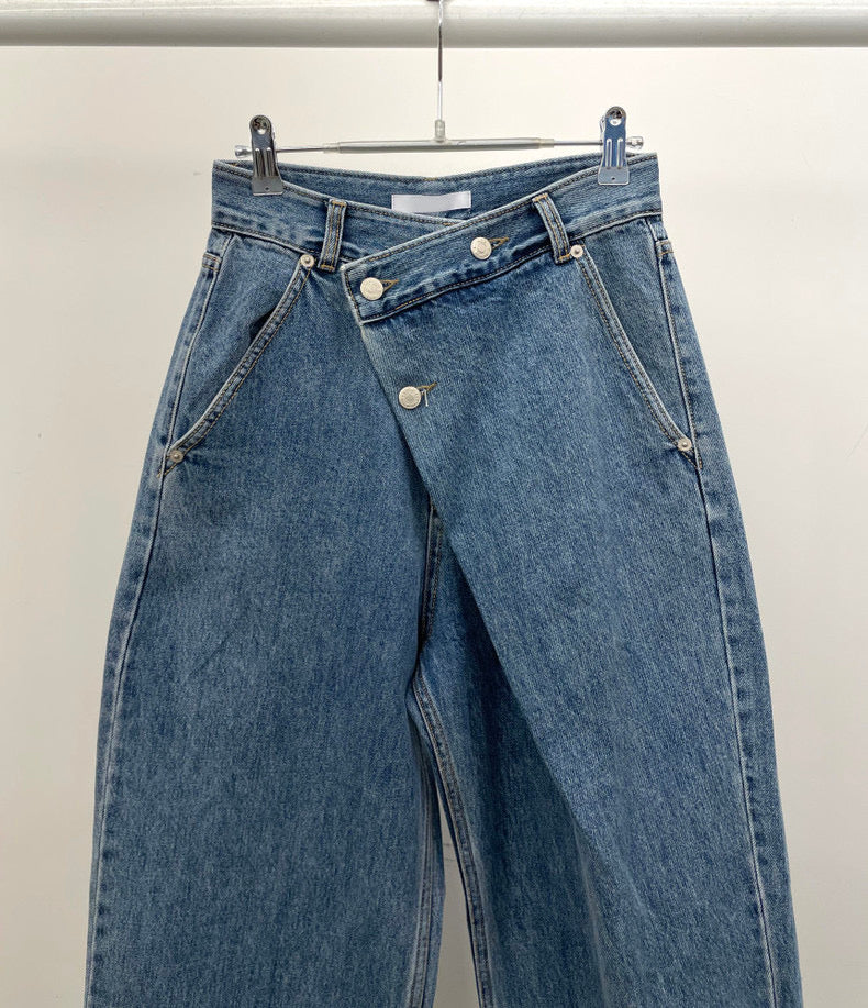 Asymmetric Wrap-Waist Wide-Leg Jeans