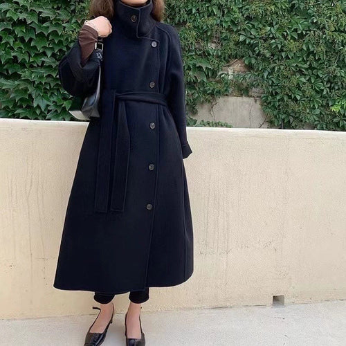 Side Button-Up Belted 100% Wool Coat