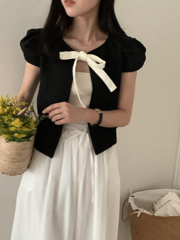 Vintage-Inspired Bow-Tie Cropped Blazer