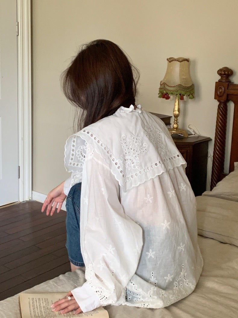 White Eyelet Blouse with Embroidery and Tussles