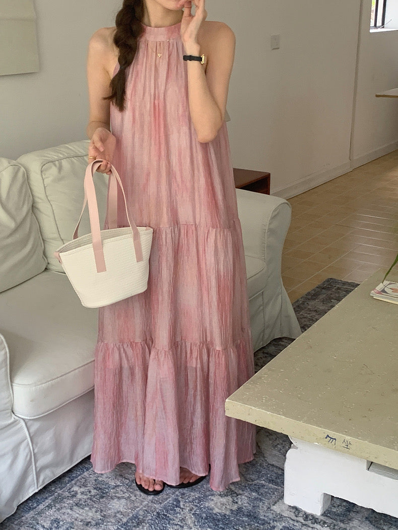 Romantic Gradient Pink Halter Neck Dress