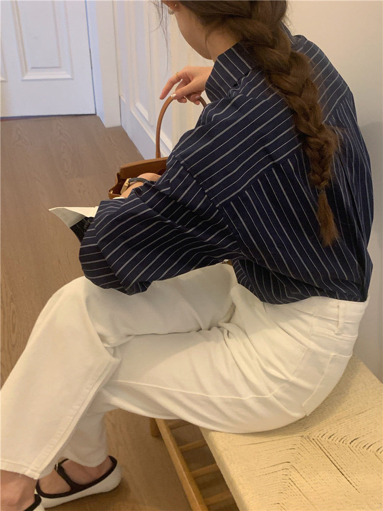 Designer Side Button Striped Blouse