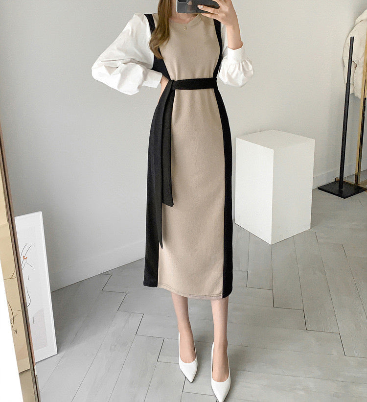 Color Contrast Spliced Sleeve Belted Knit Dress