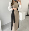 Color Contrast Spliced Sleeve Belted Knit Dress