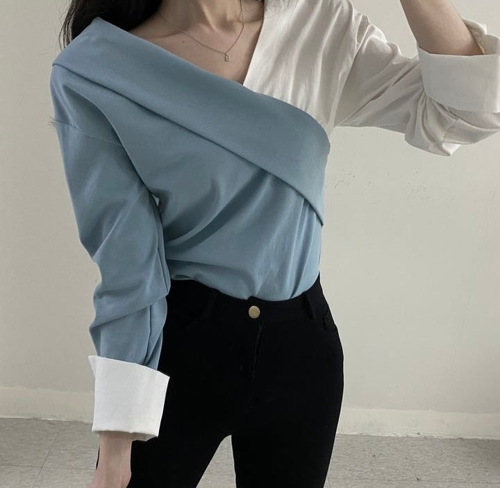 Asymmetrical Color Block Wrap Blouse