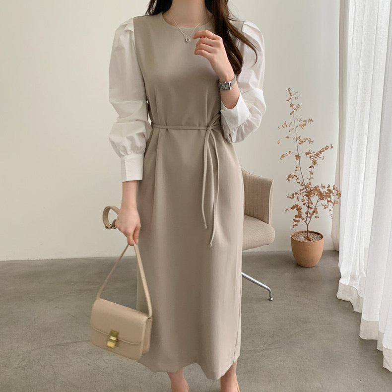 Mock Two-Piece Shirt Sleeve Belted Dress