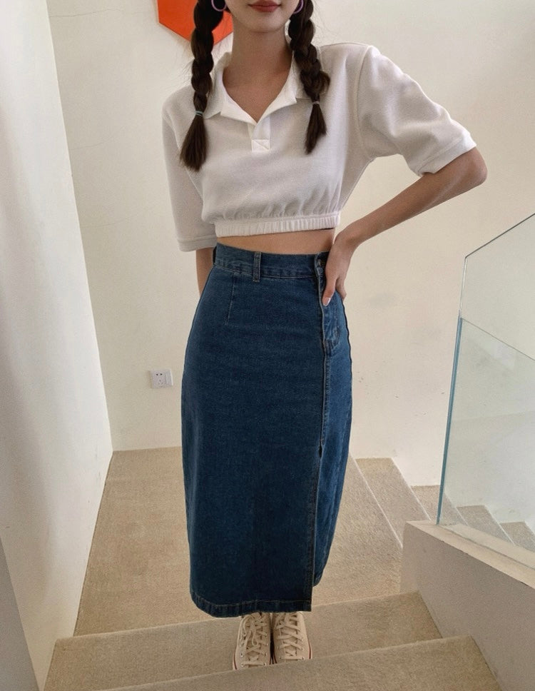 High Waist Denim Skirt with Side Slit