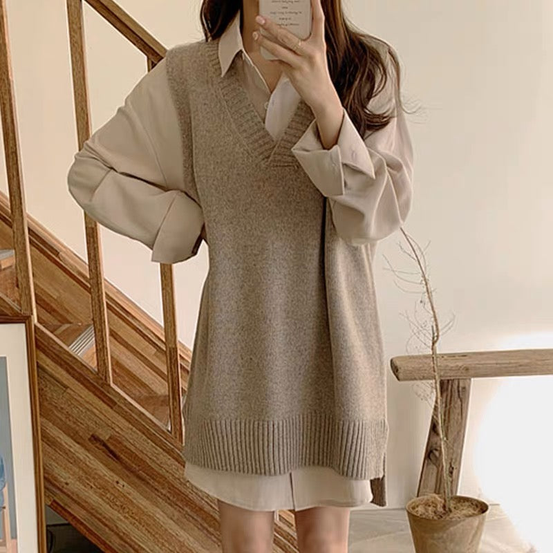 Korean Style Knitted Waistcoat Vest Skirt Two-Piece Set