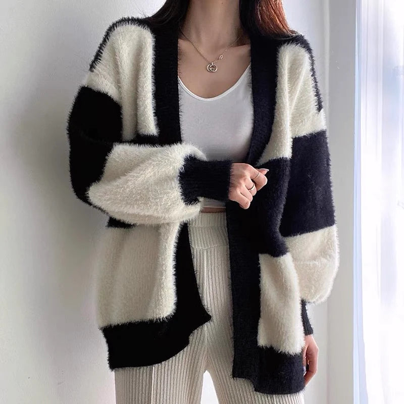 Black & White Faux Mink Cashmere Open Cardigan