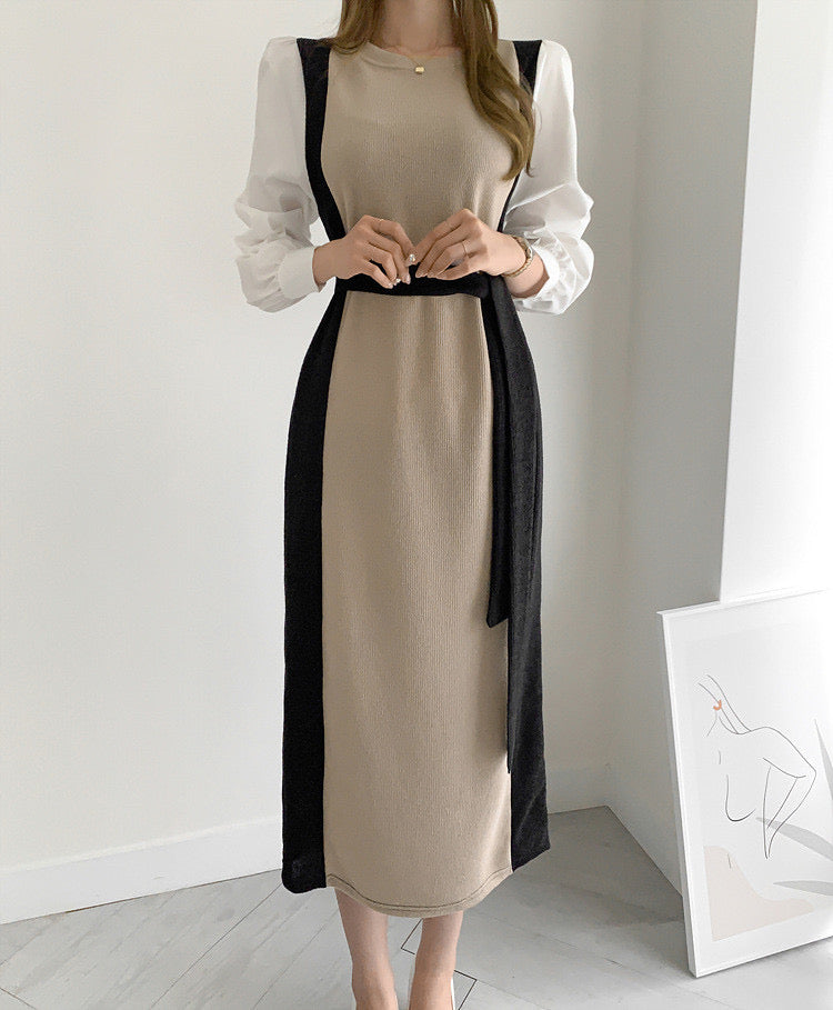 Color Contrast Spliced Sleeve Belted Knit Dress