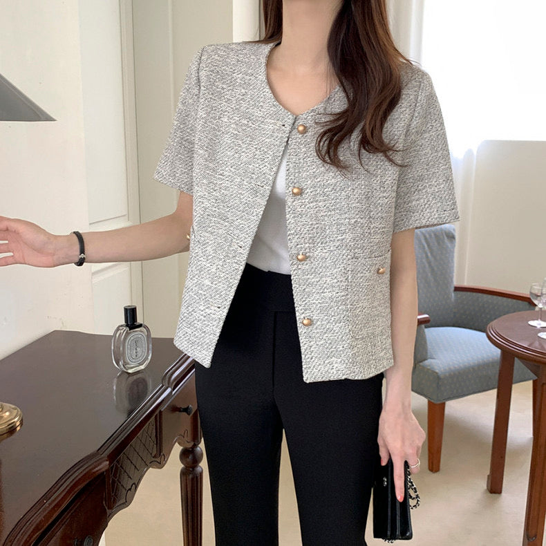 Classic Round Neck Tweed Short Sleeve Jacket