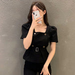 Double Breasted Square Neck Belted Blouse