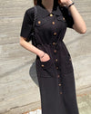 Drawstring Waist Knit Polo Dress with Gold Buttons