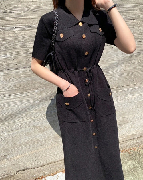 Drawstring Waist Knit Polo Dress with Gold Buttons