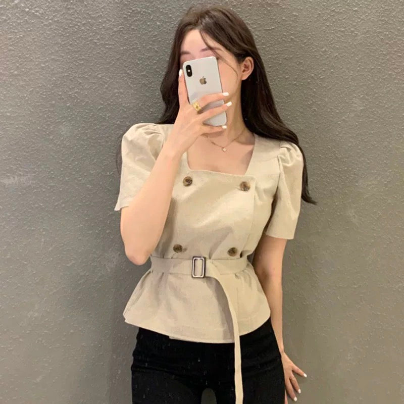 Double Breasted Square Neck Belted Blouse