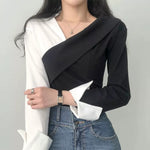 Asymmetrical Color Block Wrap Blouse