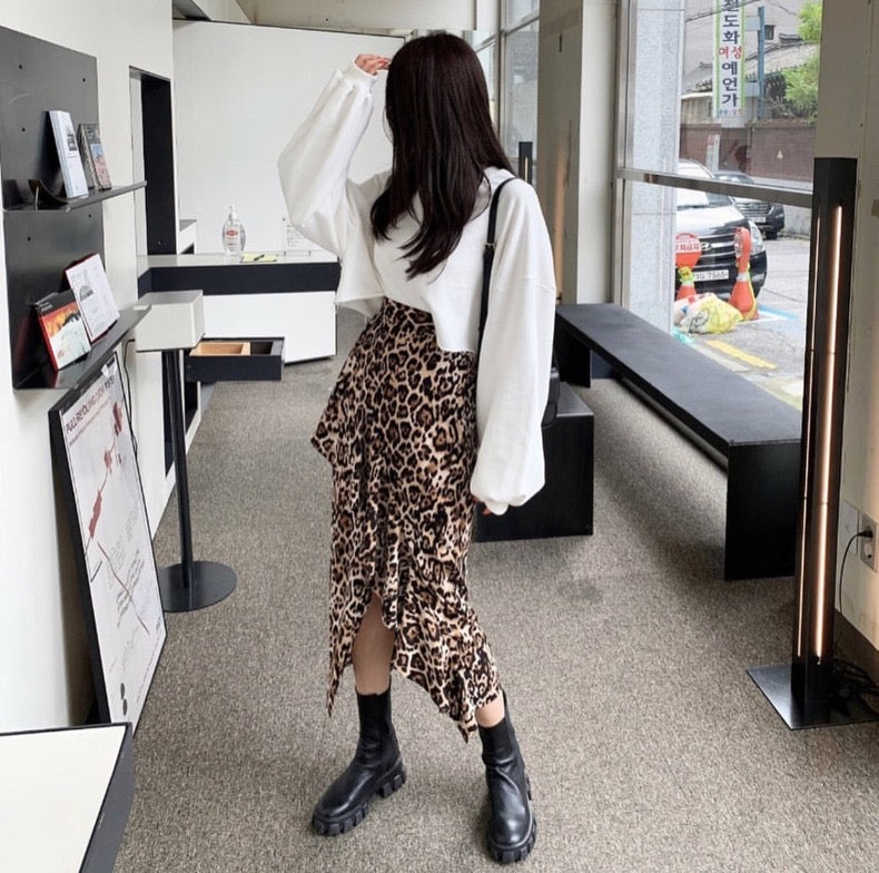 Leopard Asymmetrical Side Slit Skirt