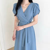 V-Neck Puffed Sleeve Short Sleeve Belted Dress