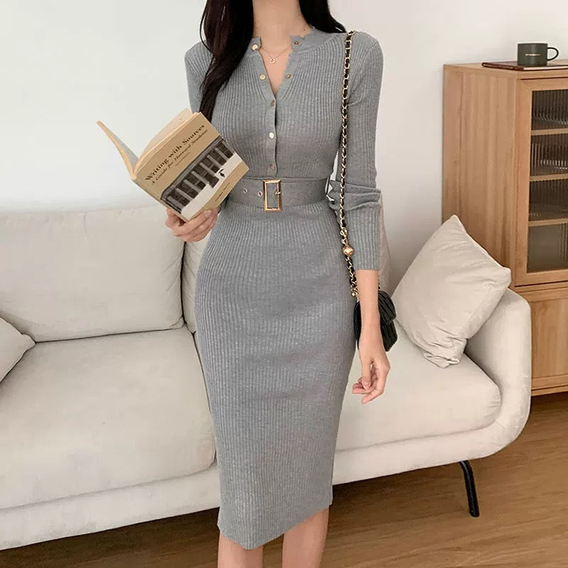 Elegant Ribbed Knit Belted Midi Dress