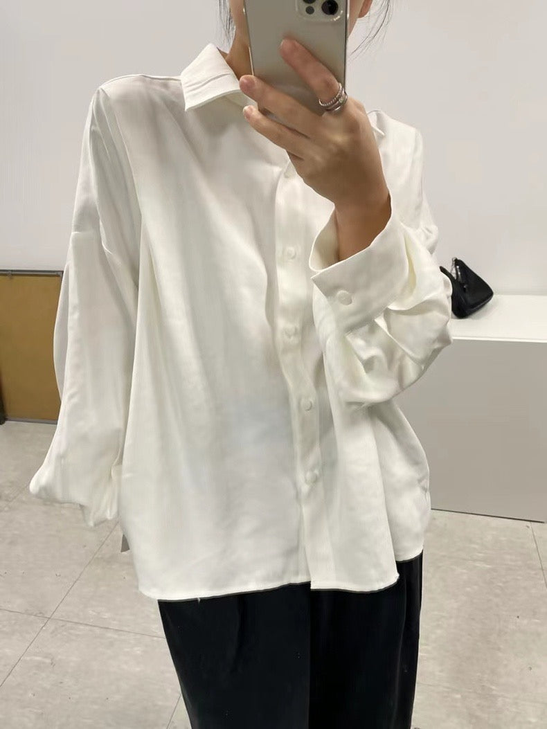 Oversized Pleated Back Button-Up Shirt