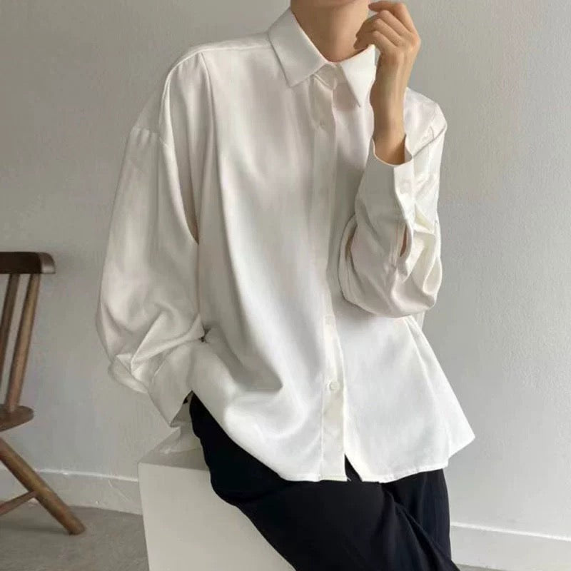 Oversized Pleated Back Button-Up Shirt