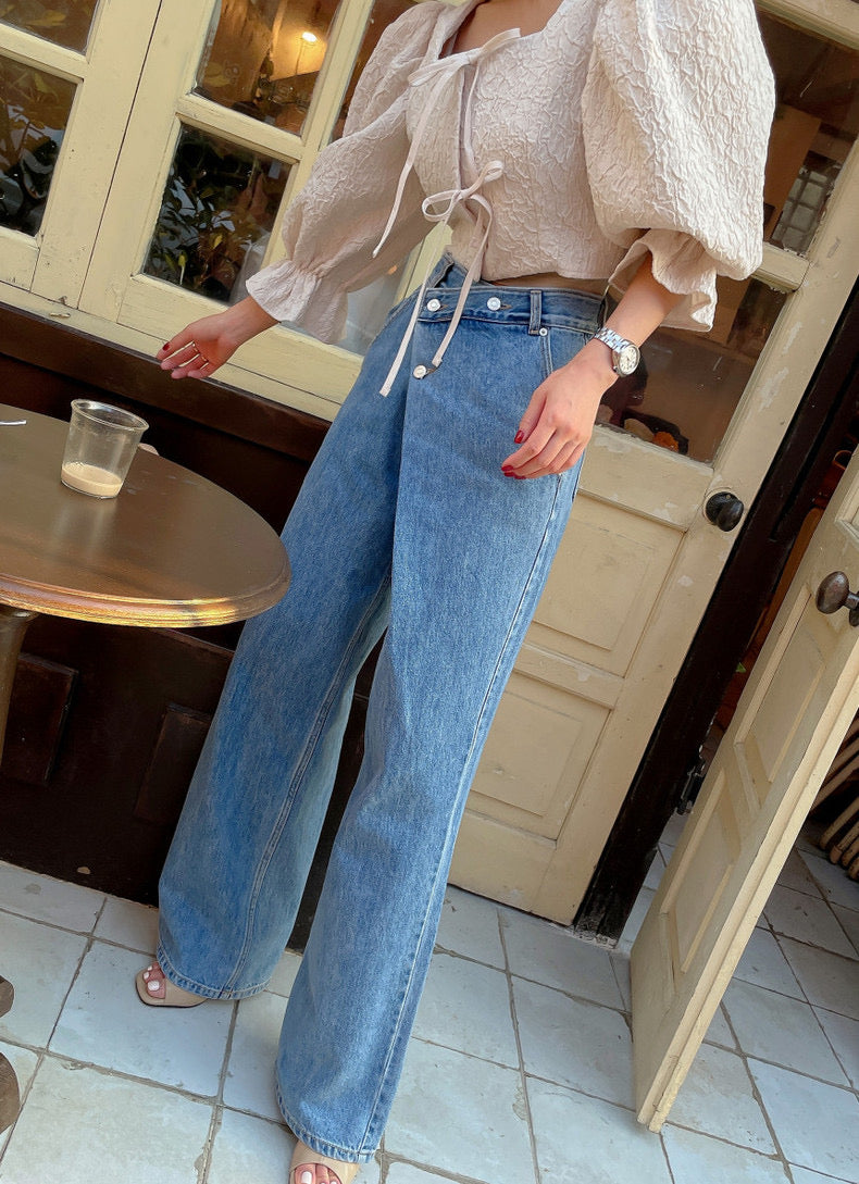 Asymmetric Wrap-Waist Wide-Leg Jeans